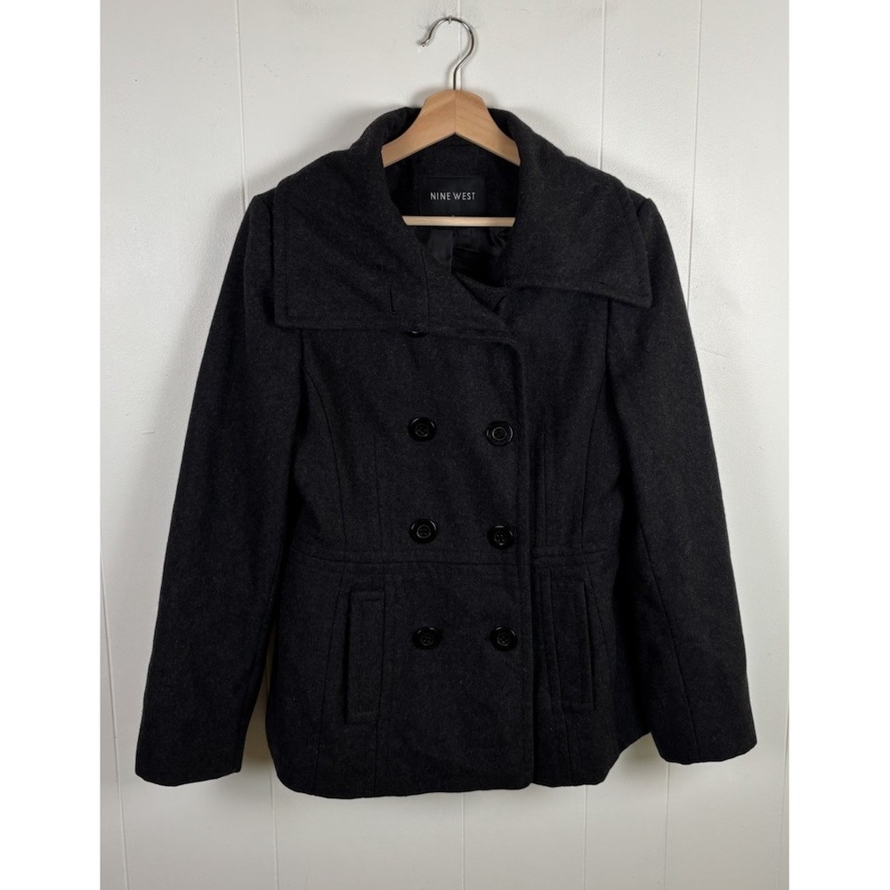 Nine West Womens Sz 8 Black Wool Blend Double Breasted Peacoat Dark Academia